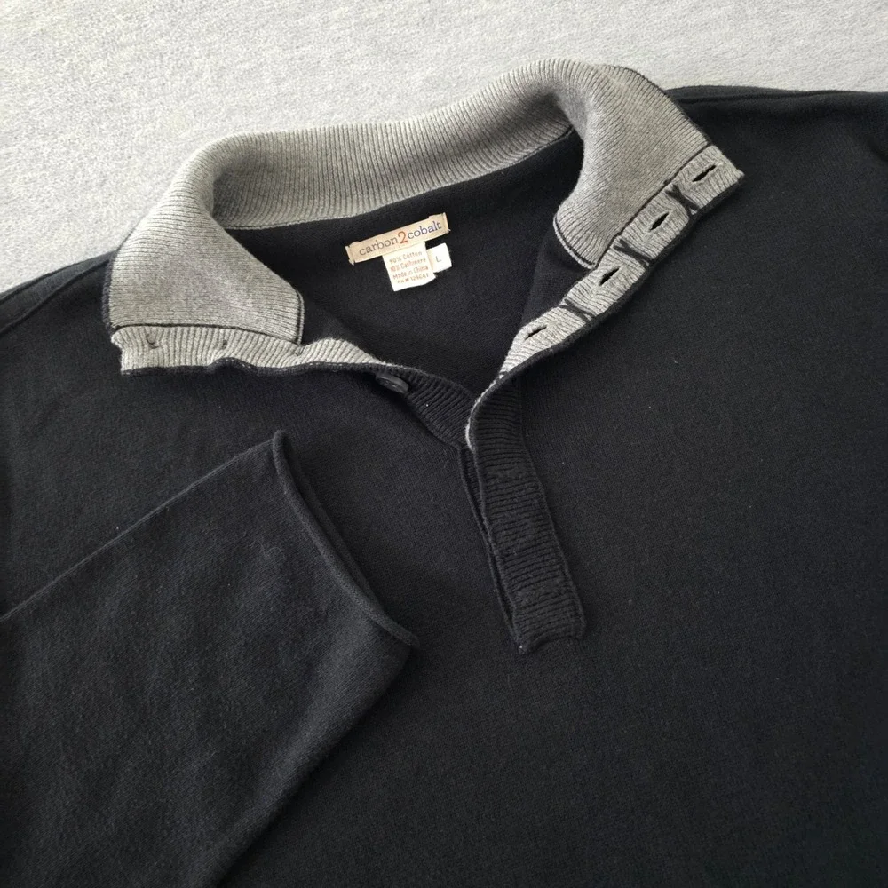 Carbon2Cobalt Mens Black Cotton Cashmere Button Mock Neck Pullover Sweater L
